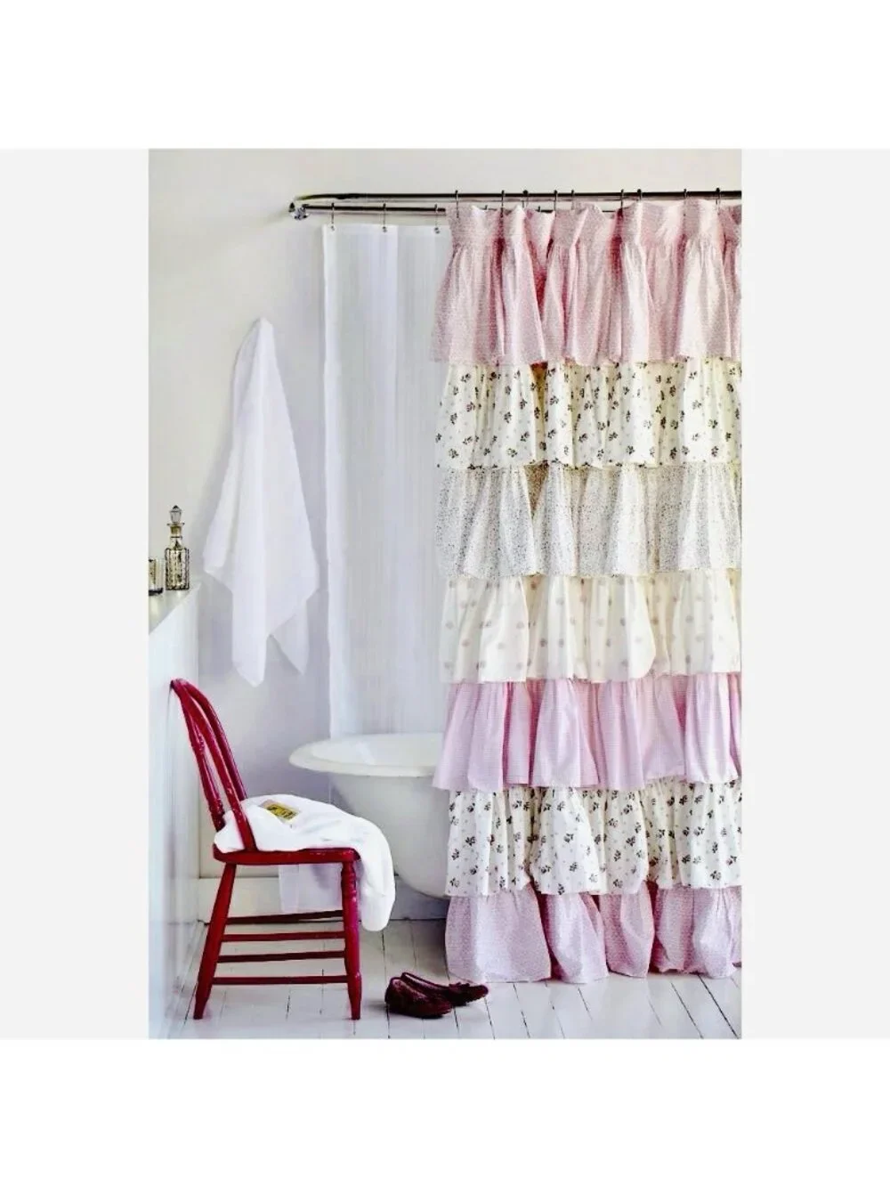 Ruffled Shower Camryn Curtain Pink & White  AMITY HOME 100% Cotton Cottagecore